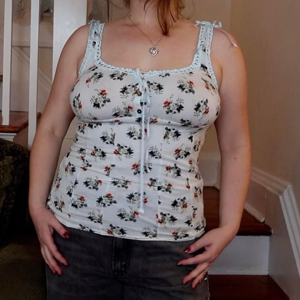 Y2K Free People Babydoll Light Blue Floral Tank Crochet Boho Cottagecore Fairy